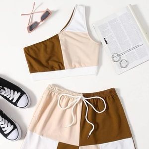 One shoulder color block short set